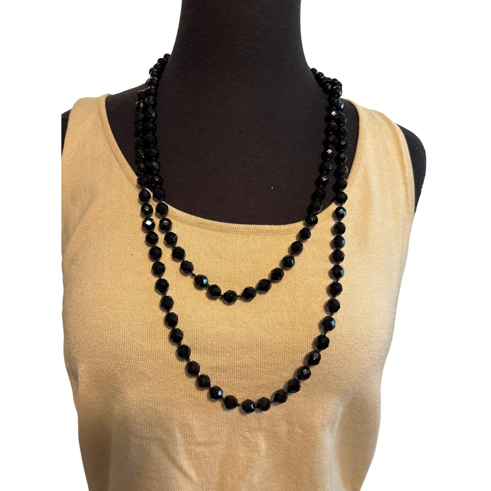 Vintage 56" Black Glass Faceted Bead Necklace Flapper Rope Torpedo Clasp French